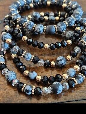 5 Handmade Black/White Obsidian Bracelets Black Crystals & Gold Beads